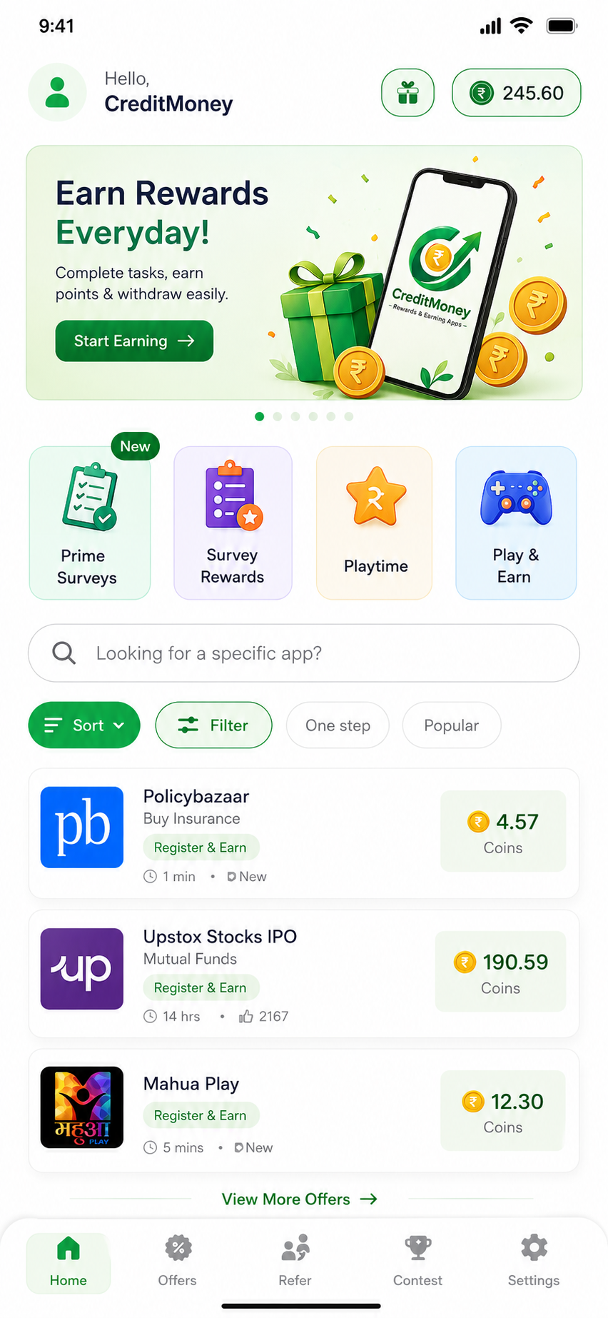 CreditMoney app home screen showing live earning offers