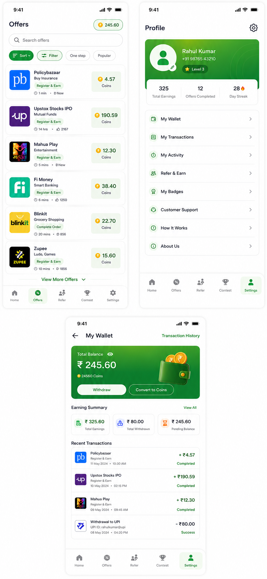CreditMoney wallet screen showing balance and recent transactions
